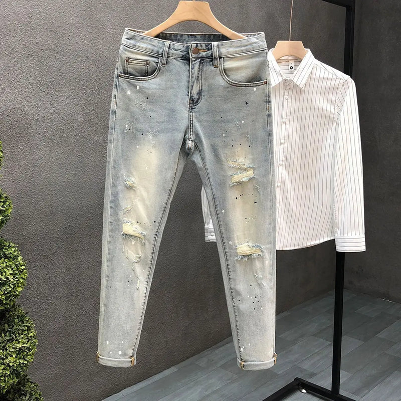 2025 Brand Luxury Men's Clothing Jeans New Slim-fit Ripped Pants Men's Trendy Brand Elastic Versatile Spirit Guy Work Pants Man