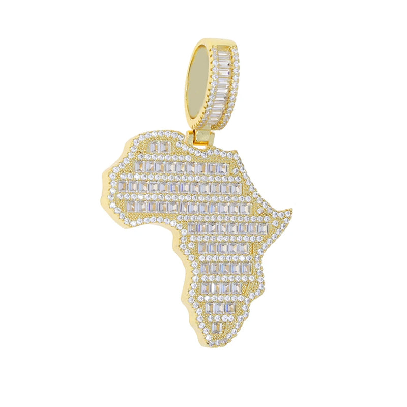 New Iced Out Bling Map Of Africa Pendant Necklace Gold Color Full CZ Zircon Charm Men Fashion Hiphop Jewelry