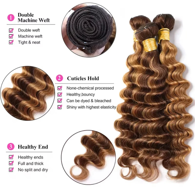 P4/27 Deep Wave Human Hair Bundles Highlight Dark Brown and Honey Blonde Water Wave Hair Bundle Hair Highlight Brown Color