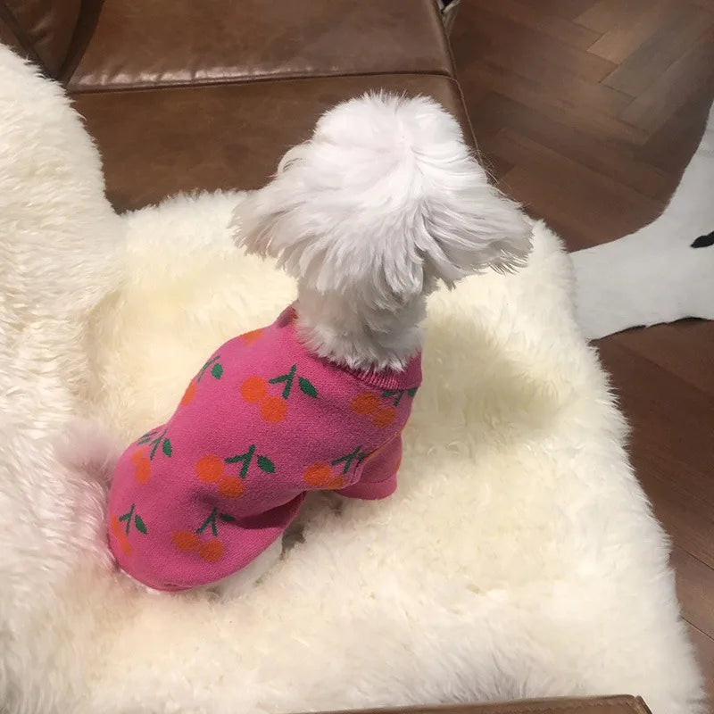 Pet High Collar Sweater Little Dog Christmas Clothes Diamond Grid Embroidered Cherry Sweater Christmas Small Dog Pet Clothes