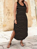 Vestido maxi regata listrado de verão 2025 para mulheres, decote em U, solto, ajuste, plus size feminino mais vendido