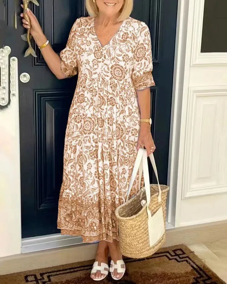 Summer Casual Floral Print Long Dress For Women V Neck Three-quarter Sleeve Elegant Party Dresses Female Boho Holiday Clothing