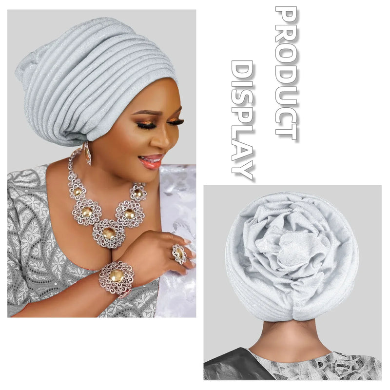African Lady Headpiece Muslim Headscarf Hat Glitter Fabric Turban Cap for Women Pleated Head Wraps Bonnet