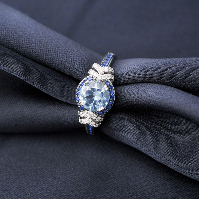 Potiy bonito redondo natural 1.5ct céu azul topázio halo anel para seu cocktail anel 925 prata esterlina para mulher pedras de aniversário diárias gi