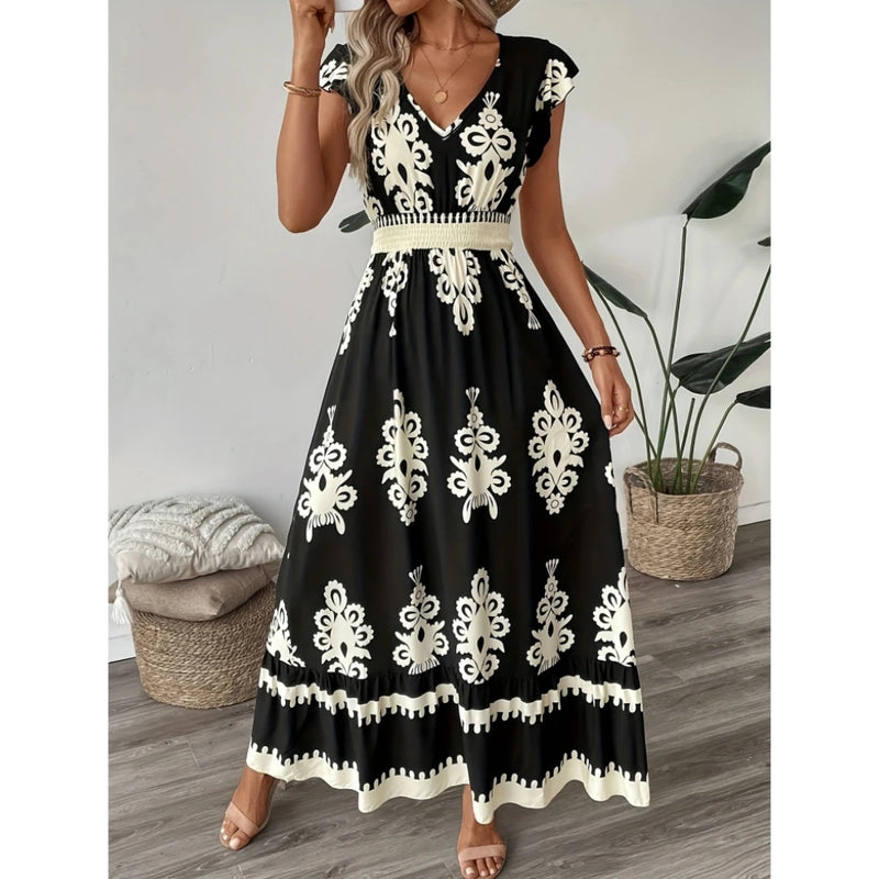Plus size feminino elegante decote em v maxi vestido padrão geométrico manga curta saia plissada poliéster casual passeio
