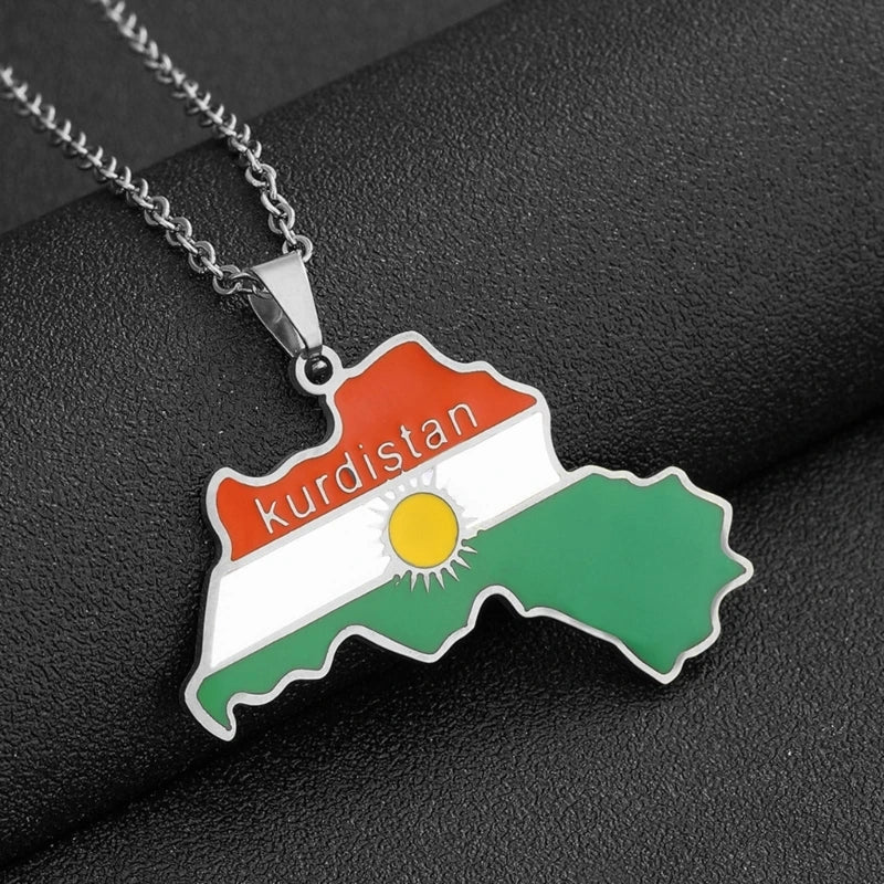 Kurdistan Map Pendant Necklace Dripping Oil Retro Stainless Steel Pendant for Men and Women Ethnic Clavicle Chain Gift