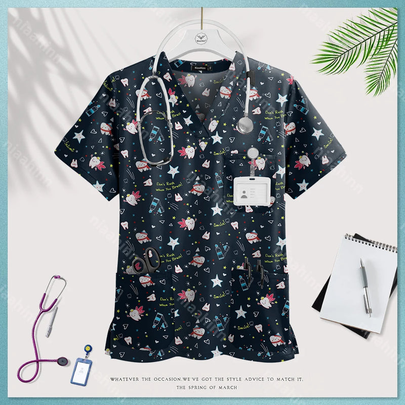 Medical Uniform Tops for Women Medical Print V-Neck Clinical Uniform T-shirts Short Sleeved Pocket Tops Surgical Uniforms Woman