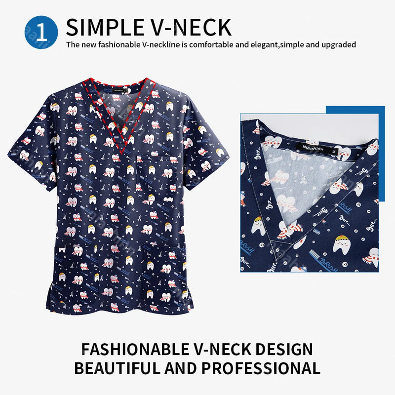 Medical Uniform Tops for Women Medical Print V-Neck Clinical Uniform T-shirts Short Sleeved Pocket Tops Surgical Uniforms Woman