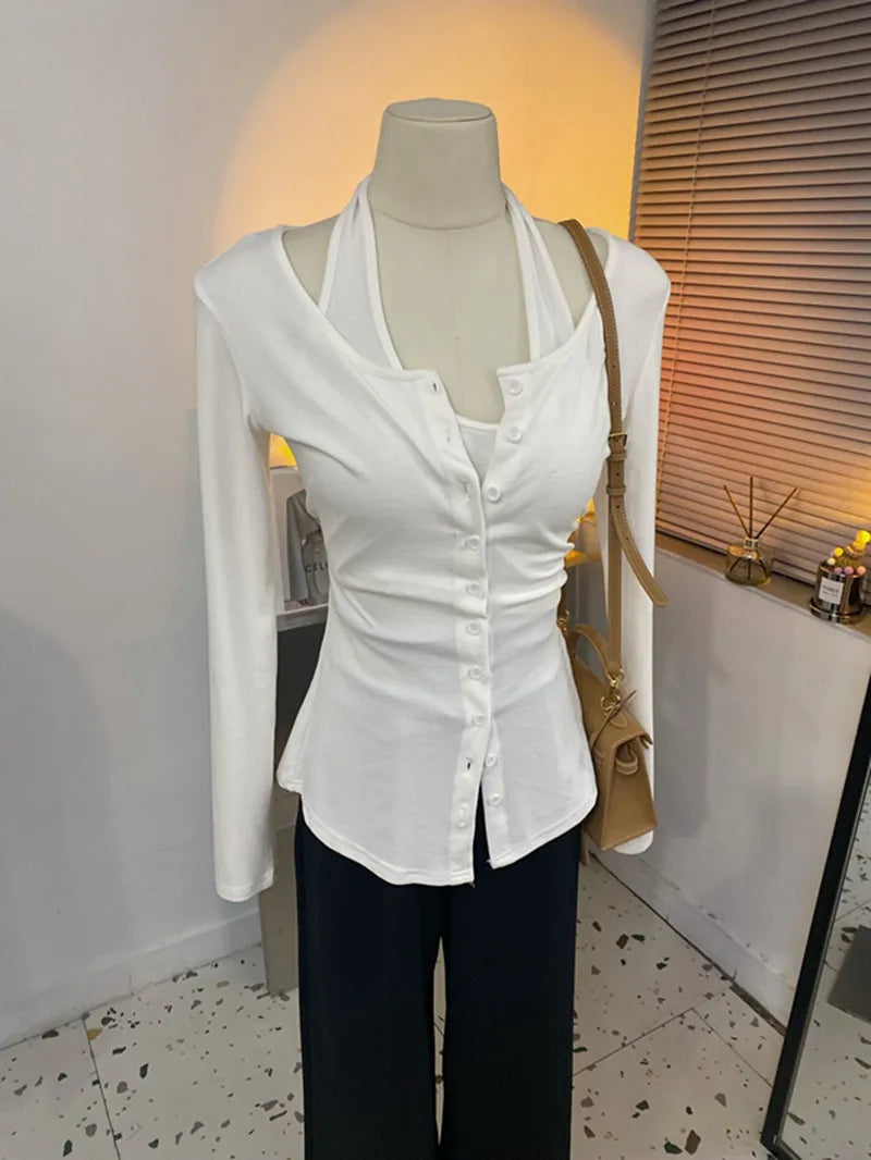 Ele ort Sve V-Ne Button-Up Cardigan Women's Slim Fit Ne Hanging Strap One Row of Buttons Spring Autumn New Sle