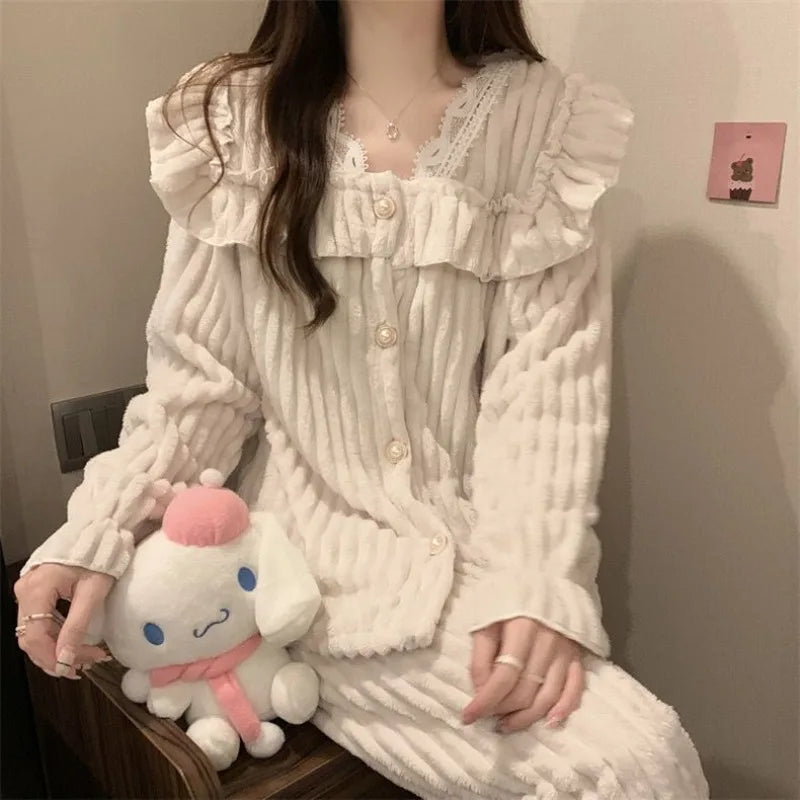 Winter Coral Fleece Womens Thermal Pajamas Set Lovely Lace-trimmed Thickened Homewear Warm Suit V-neck Fluffy Nightwear 2Pcs
