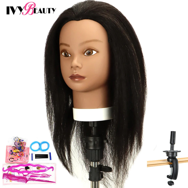 African American Mannequin Head With 100% Real Human Hair 16inch Hairdresser Training Manikin Head For Practice Styling Braiding
