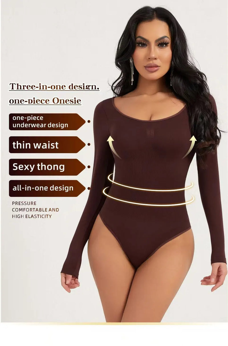 Seamless Open Crotch Big U Neck Bodysuit Long Sleeve Spandex Elastic Shapewear Tummy Control Waist Shapers for Women