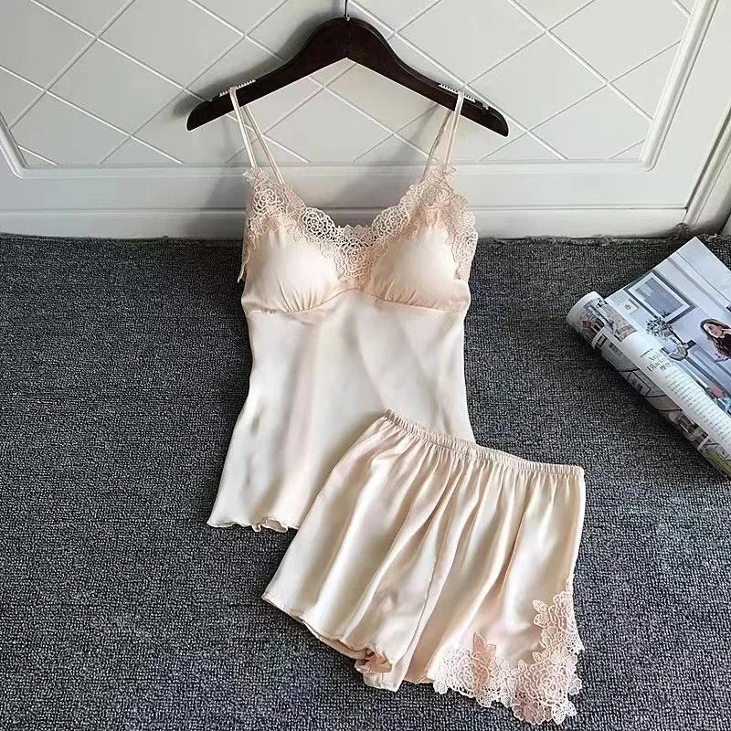 Summer Ice Silk Thin Strap Sleepwear Sexy Women's Home Clothes with Chest Pad High End Sensual Nightgown V-neck No Sleeve