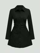 Plus size casual cintura fina manga longa camisa vestido cor pura elegante estilo viajante 2025 outono novo