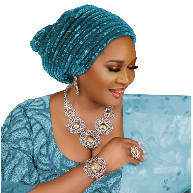 African Lady Headpiece Muslim Headscarf Hat Glitter Fabric Turban Cap for Women Pleated Head Wraps Bonnet
