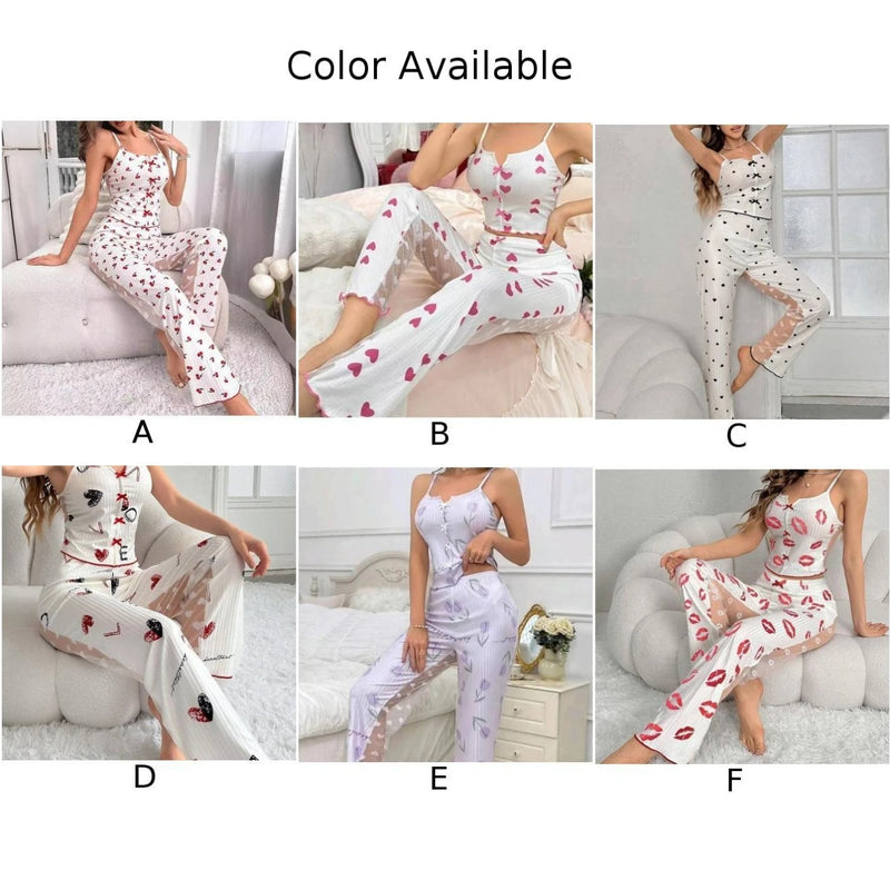 2-Piece Women Sexy Transparent Mesh Lace Set Printed Pants Home Clothes Pajama Female Sexy Comfortable Soft Underwear
