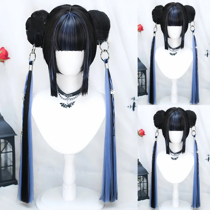 OLACARE  Synthetic Long Straight Lolita Wig with Bang Black Red Two-Tone Cosplay Party Halloween Christmas Wavy Curly Wig