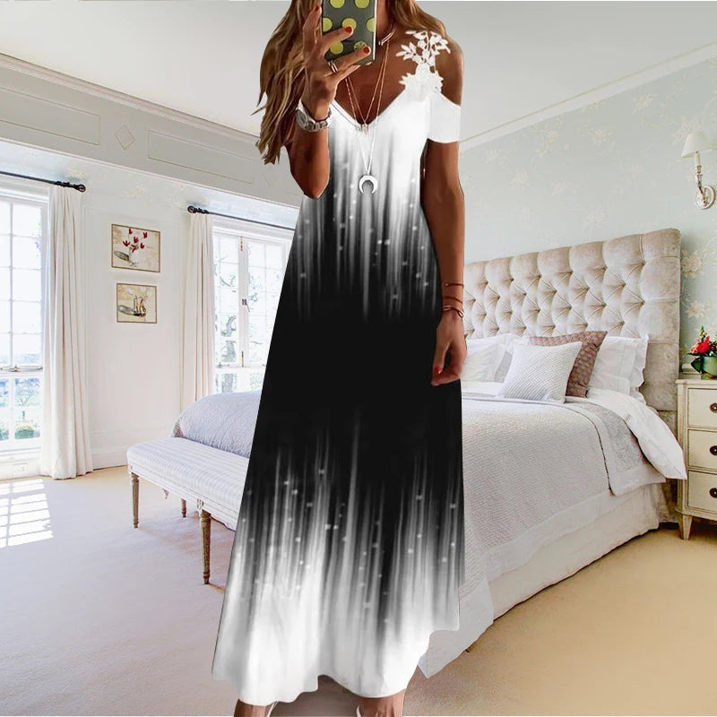 Women Summer Casual Long Dress 2022 Hollow Out Short Sleeve A-Line Lady Length Beach Boho Party Elegant Dresses