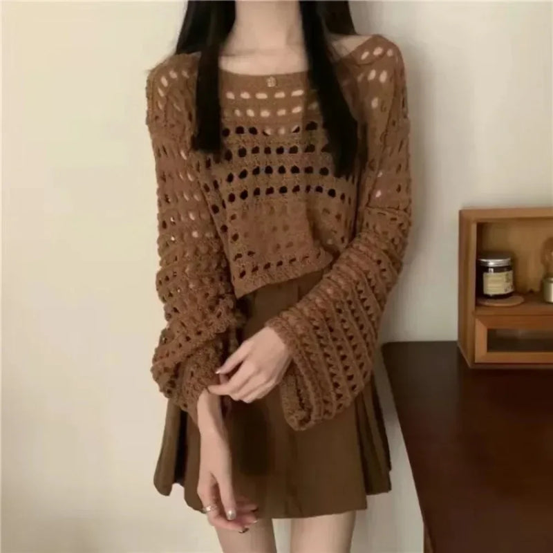 Women Crochet Knit Hollow Out Crop Top Long Sleeve Shrug Sweater Mesh Cover Ups Cardigan Streetwear Pullover Women Clothes Y2k
