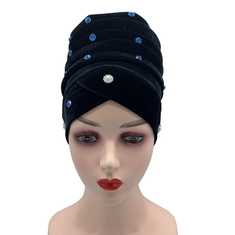 1 pc feminino veludo turbante bonnet diamantes africano aso oke headtie muçulmano cabeça envolve islâmico femme musulman lenço chapéu