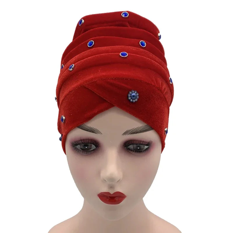 1 pc feminino veludo turbante bonnet diamantes africano aso oke headtie muçulmano cabeça envolve islâmico femme musulman lenço chapéu