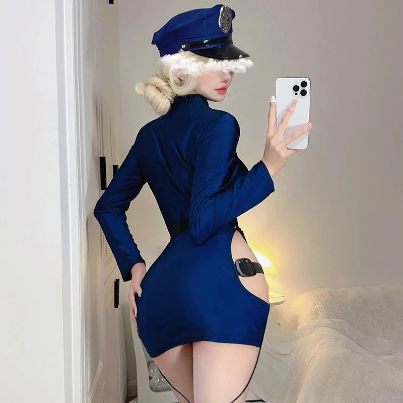 Trajes exóticos lingerie sexy boate feminino uniforme da polícia duplo zíper livre aberto virilha cospaly outfit sexy saia vestido