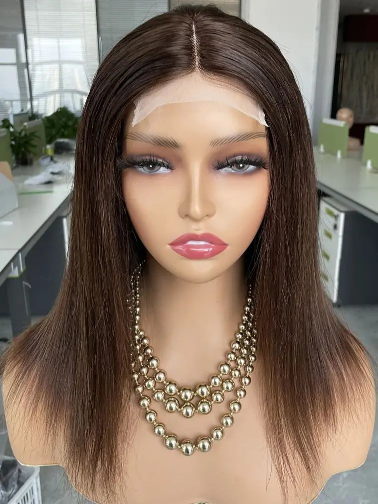 Middle Part Brown Straight Human Hair Wig For Women Short 12-20 inch Easy Wear Transparent Lace Closure Wig BOBBI