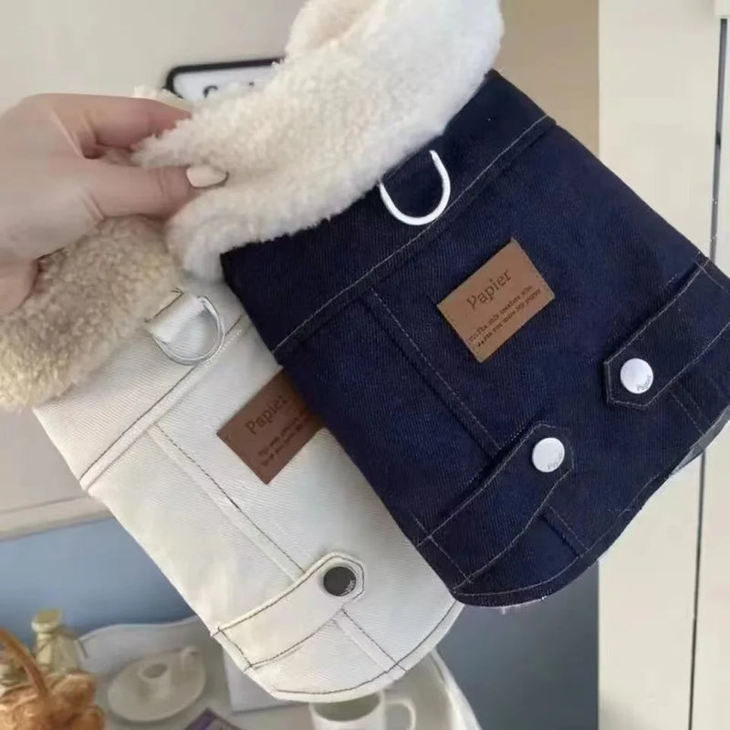 Pet Lamb Fur Coat Traction Thick Jacket Dog Small Cotton Coat Pet Clothes Lamb Plush Bear Pet Denim Dog Clothes for Small Dogs