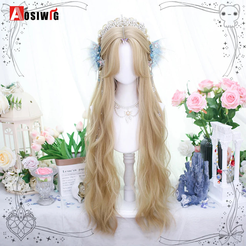 33Inch Synthetic Big wave long curly hair Milk Tea Green Lolita Wigs For Women Cosplay Wig With Bangs Halloween Daily Cosplay Us