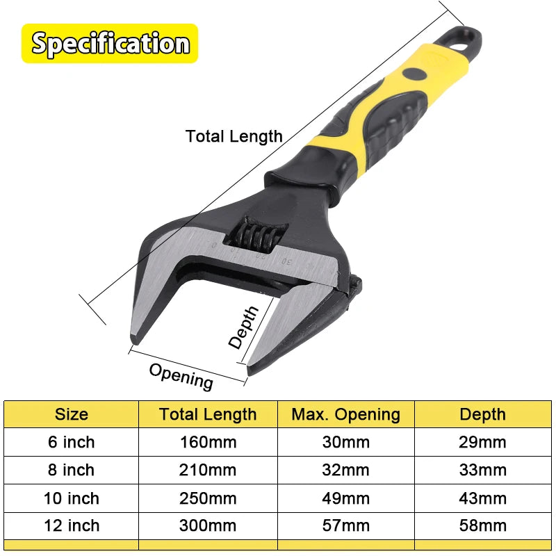 Chave inglesa ajustável de 6/8/10/12 polegadas, grande, aberta, aço inoxidável, oficina doméstica, multifuncional, ferramentas de reparo manual