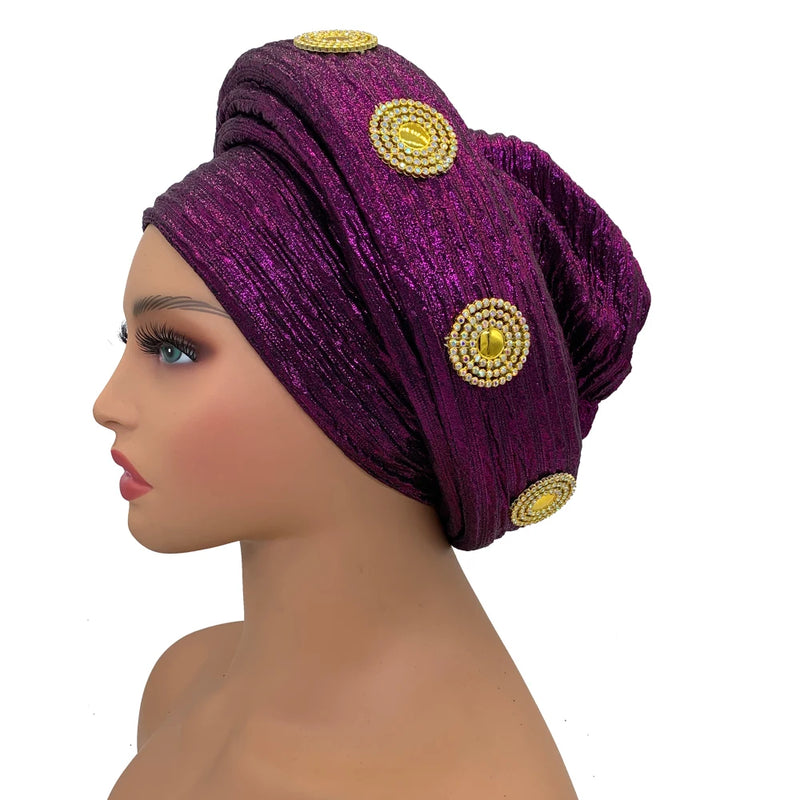 Already Made African Headtie Glitter Diamonds Women's Turban Cap Female Head Wraps Nigeria Wedding Auto Geles Party Headwear Hat