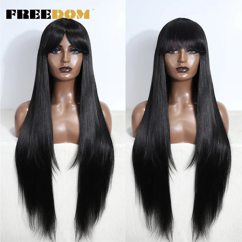 FREEDOM Synthetic Wigs For Women Long Straight Wig With Bangs White Burgundy Ombre Brown Wig Heat Resistant Fiber Cosplay Wigs
