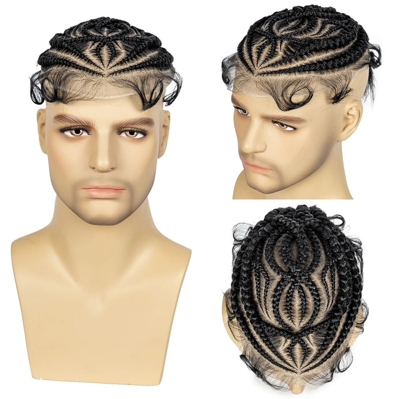 Men's Toupee Hair HD Full Lace Male Hairpieces with Cornrow Braids White Hair Reaplcement Synthetic Short Hair Topper for Men