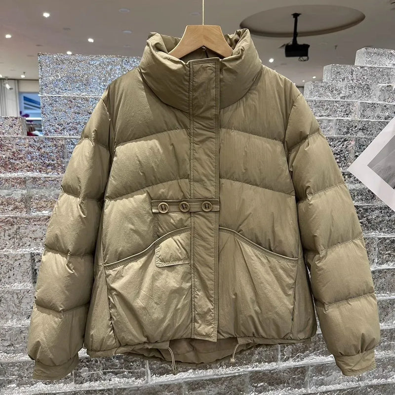 2024 New Winter Standing Neck Loose White Duck Down Warm Jacket Women Buttons Solid Color Warm Casual Fashion Puffer Bread Coat