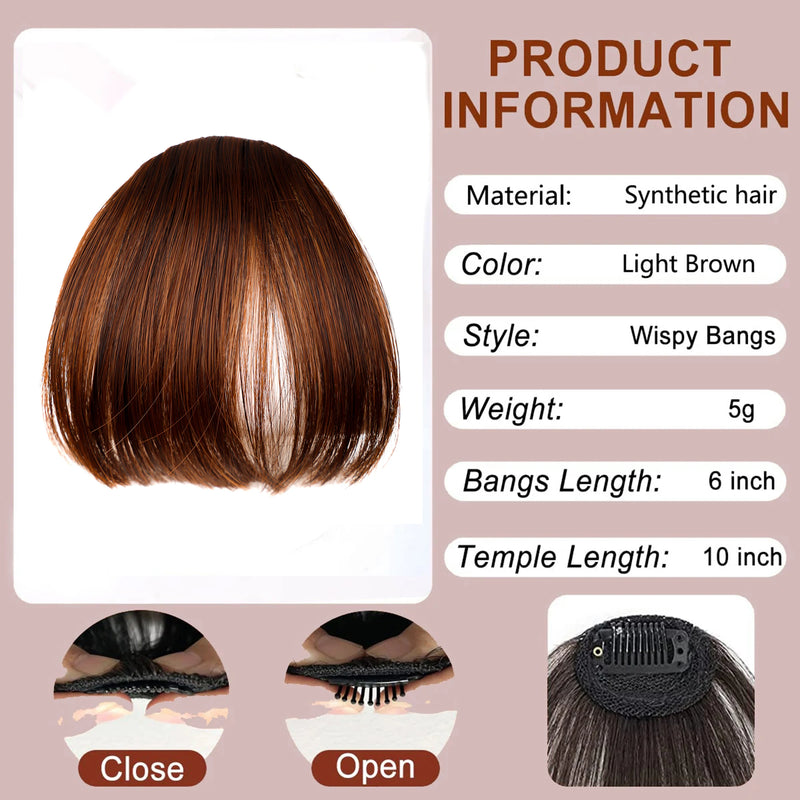 Clip In Bangs Brown Fake Bangs Extensions Wispy Clip on Air Bangs for Women Fringe with Temples Hairpieces Curved Bangs
