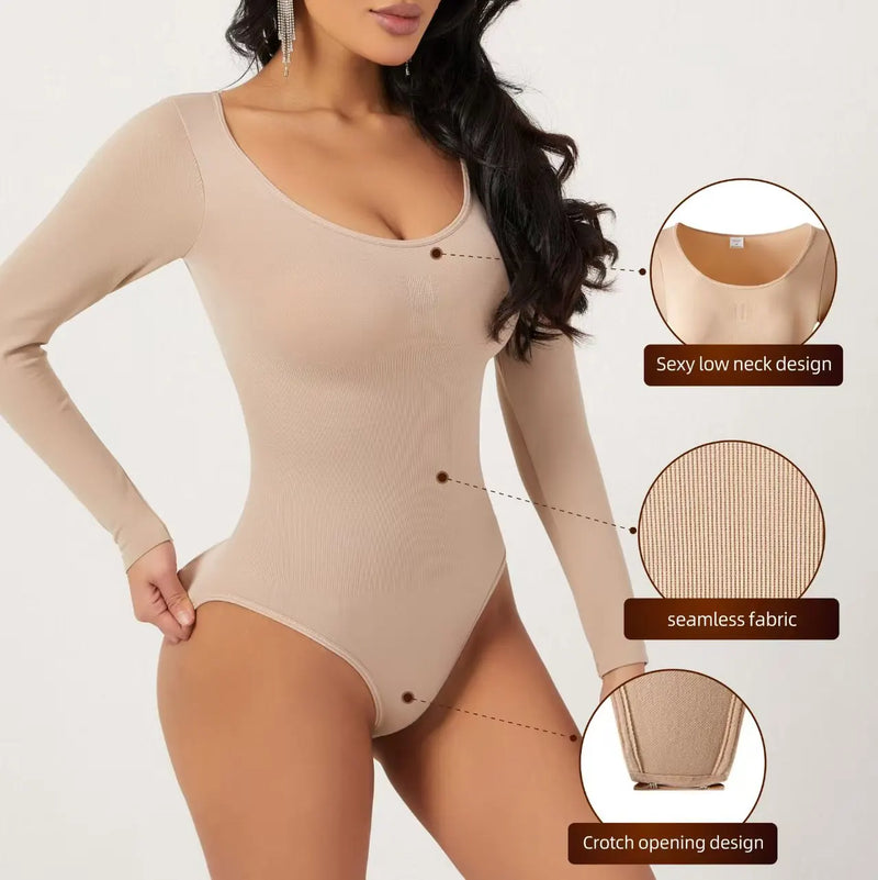 Seamless Open Crotch Big U Neck Bodysuit Long Sleeve Spandex Elastic Shapewear Tummy Control Waist Shapers for Women