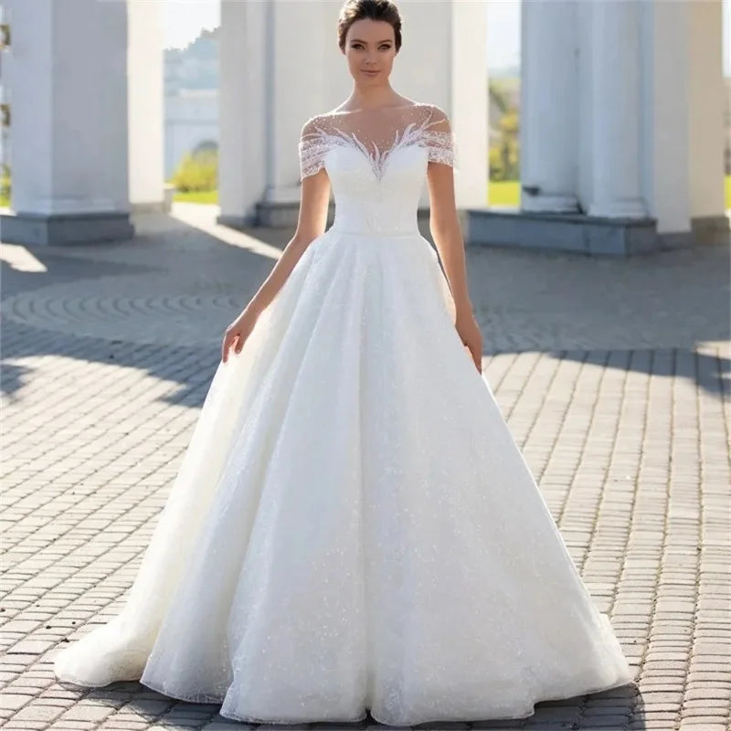Customized Elegant Short Sleeve Wedding Dress Classic Beaded Bride Gown 2025 A-line Off-Shoulder Bride Robe Vestidos De Novia