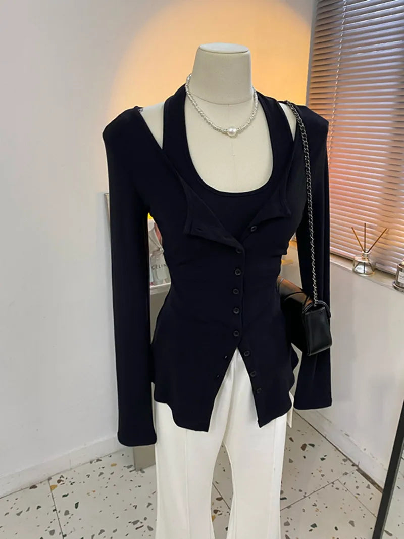Ele ort Sve V-Ne Button-Up Cardigan Women's Slim Fit Ne Hanging Strap One Row of Buttons Spring Autumn New Sle