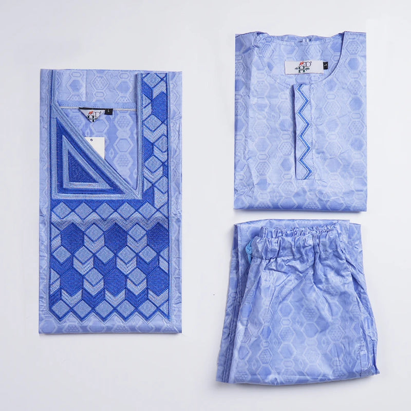 H & d novas roupas de tradição africana para crianças meninos azul manga longa topos bordado dashiki robe camisa calça criança conjunto 3 peças 2024