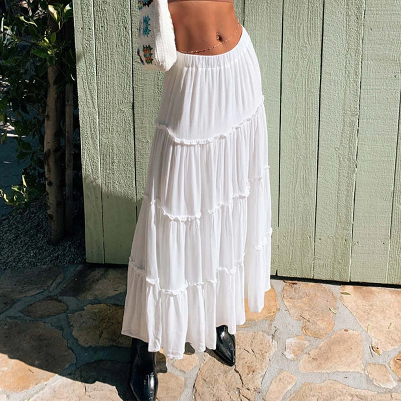 Women's Tiered Long Skirts Drawstring Elastic Waist Solid Color Ruched Midi Skirts Side Split Long Skirts Summer Beachwear
