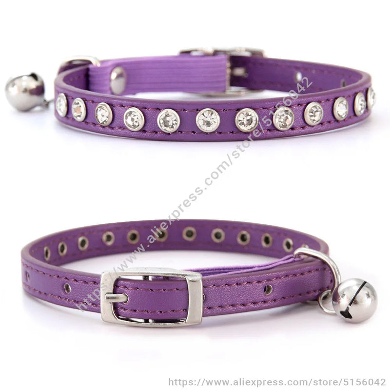 Shiny Rhinestone Pet Collar Safety Adjustable Cat Dog Collars With Bell Puppy Kitten Decoration Accessories Leather Flocking S