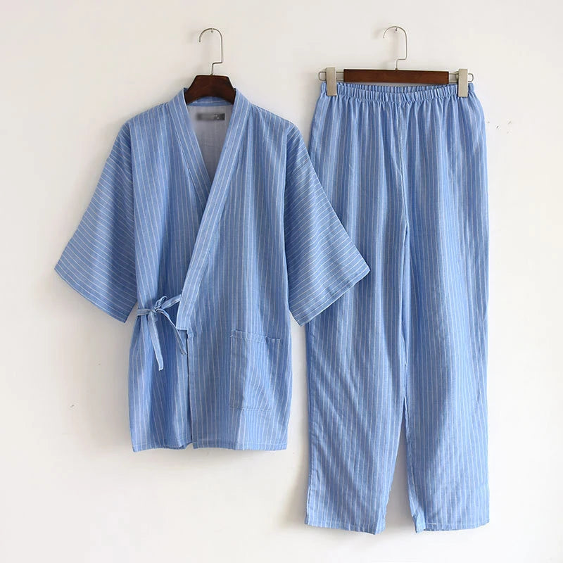 Couple Cotton Pajamas Suit Japanese Style Kimono Yukata Sleepwear Tops Pants Set Indoor Home Bathing Costume Women Men Gift
