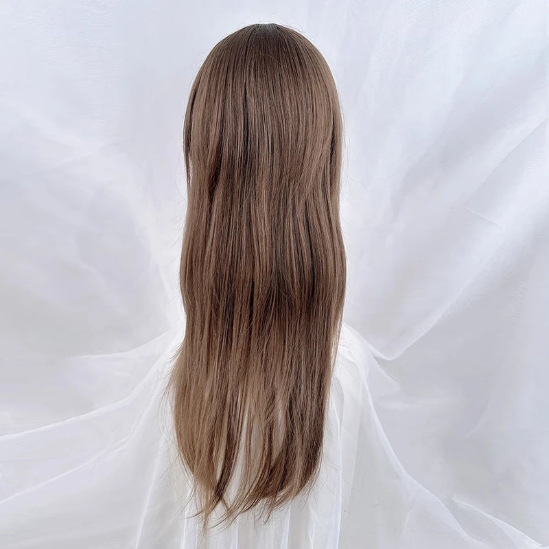 Long Straight Synthetic Brown Jellyfish Head Wig with Bangs Fluffy Lolita Cosplay Wig for Daily Party