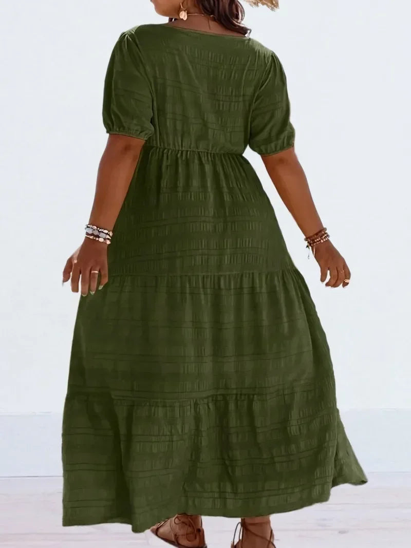 Plus size 1xl-5xl nova moda feminina pescoço quadrado vestido de cor sólida senhoras casual a linha saia de manga curta vestido longo