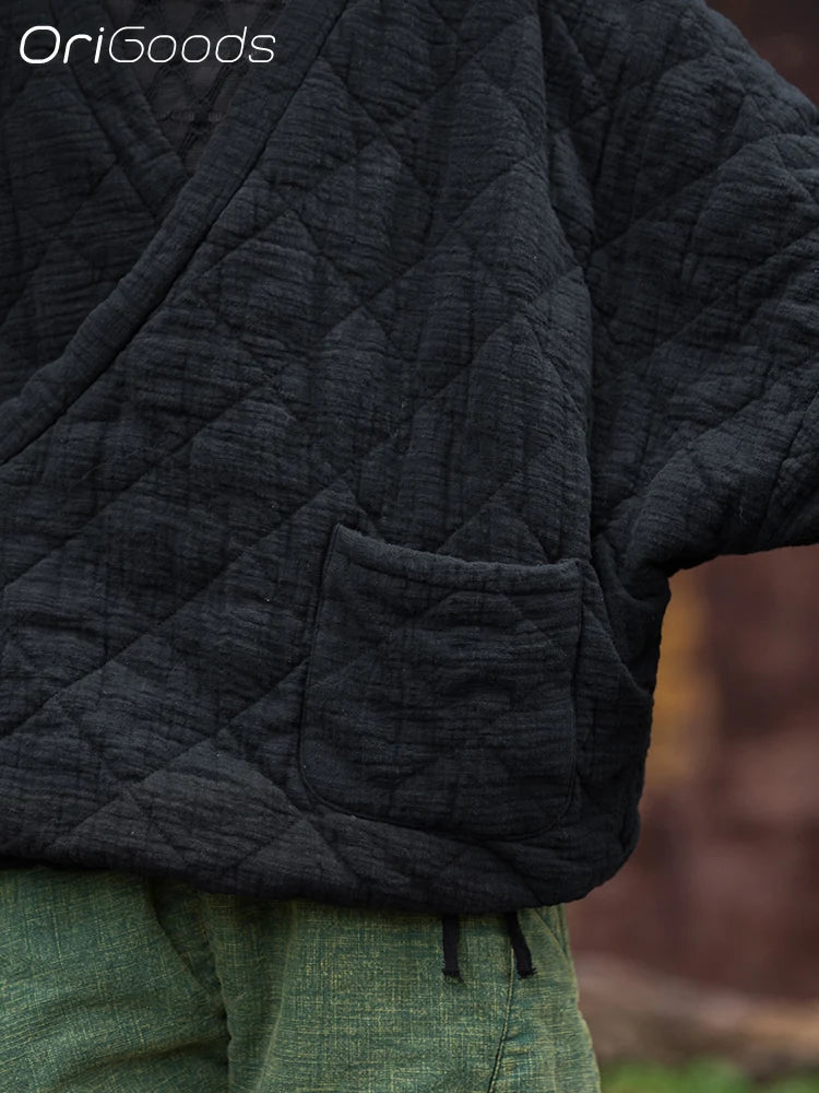 OriGoods Cotton Padded Kimono Jacket Women V-neck Warm Winter Kimono Coat Japanese Style Oversized Quilted Jakcets Woman B280