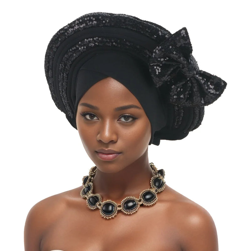 Lantejoulas Bowknot Headtie Africano, Nigeriano Auto Gele Envoltórios Cabeça das Mulheres, Já Feito Boné de Turbante, Casamento Geles Festa Capacete