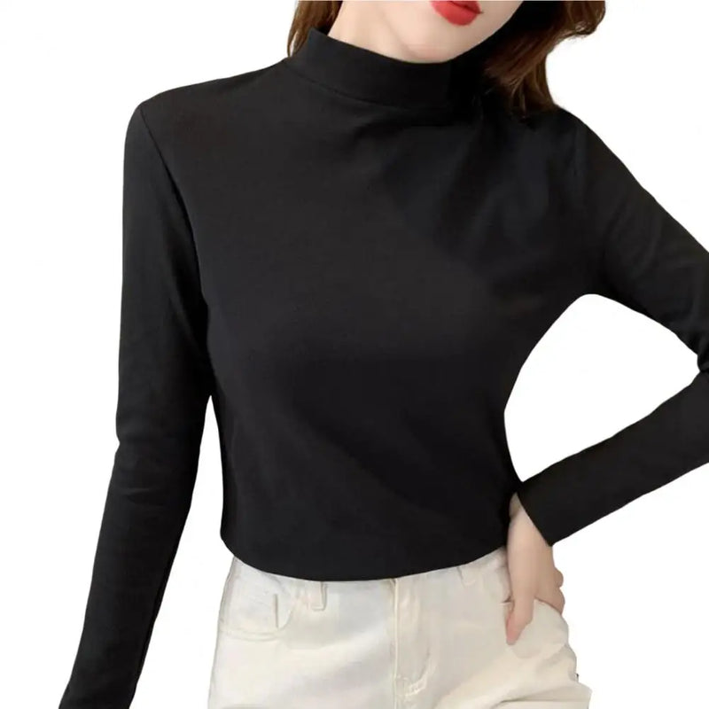 Half High Collar Women Thermal Top Slim Bottoming Blouse Autumn Winter Tee Shirt Thickened Double-Sided Fleece  Thermal Top