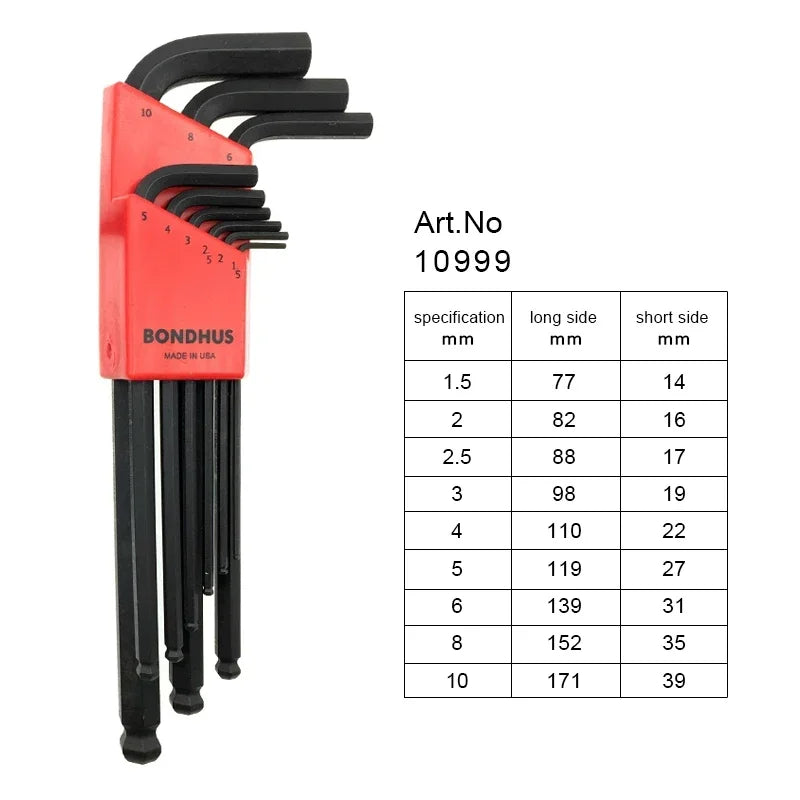 Conjunto de chave allen métrica BONDHUS, chave esférica em L, conjunto de chave sextavada estendida, ferramenta de reparo 10946/10992/10995/10999