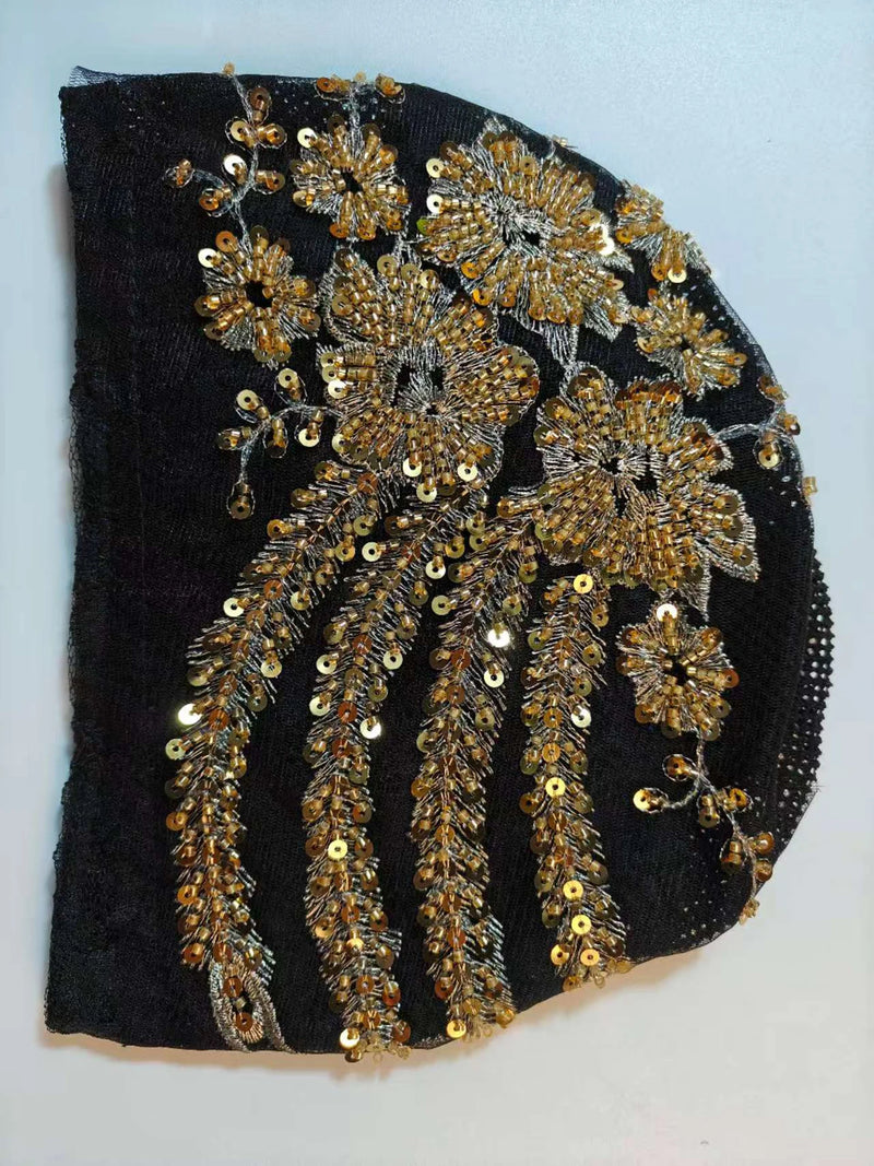 African Female Wrap Head Bonnet Muslim Turban Hat Lady Head Wraps Glitter Luminescence Beading Pleated Turban Cap for Women