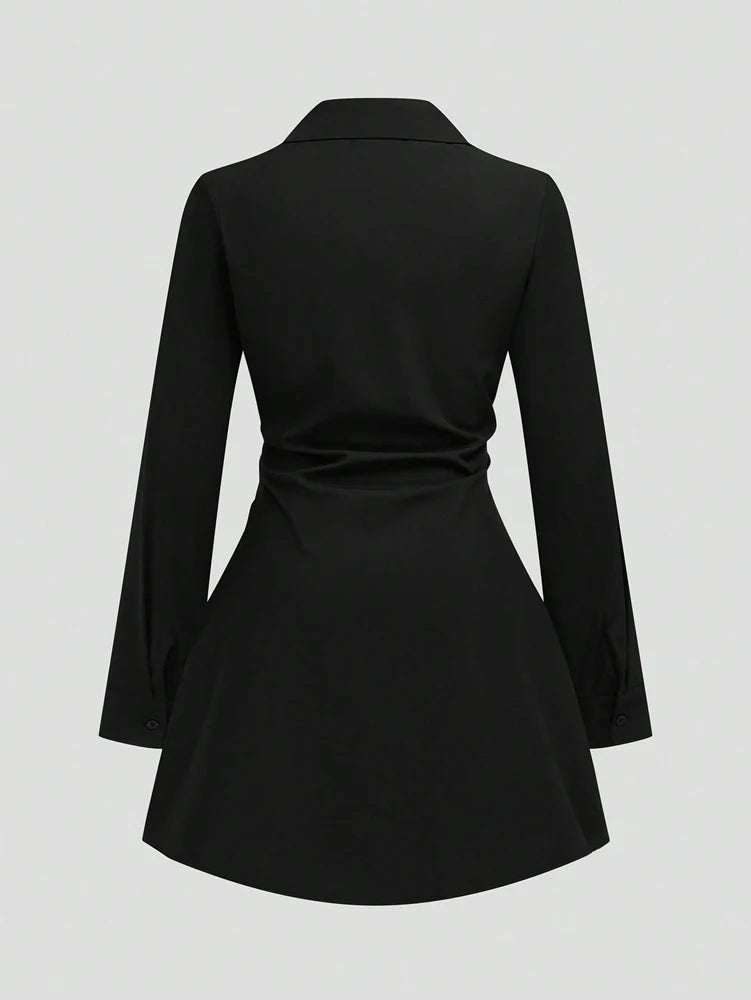 Plus size casual cintura fina manga longa camisa vestido cor pura elegante estilo viajante 2025 outono novo